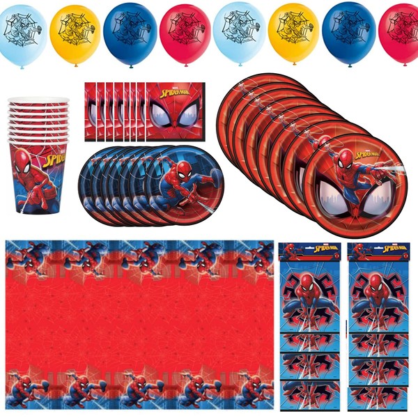 Spider Birthday Party Decorations Pack for 8 Boys Supplies Balloons, Loot Bags, Plates, Cups, Tablecover, Napkins (57 Piece Bundle)