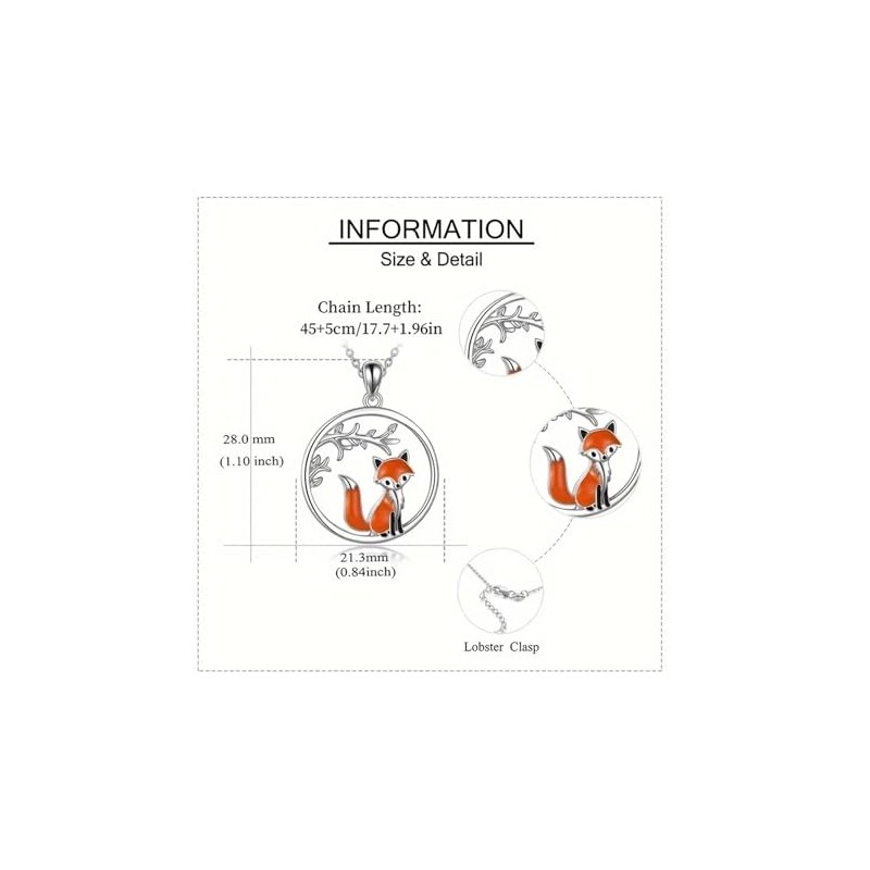 Fox Pendant Necklace and Earrings Set, Silver Tone with Orange