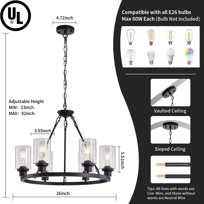 OTeedo 6-Light Farmhouse Wagon Wheel Chandeliers for Dining Room,24" Black