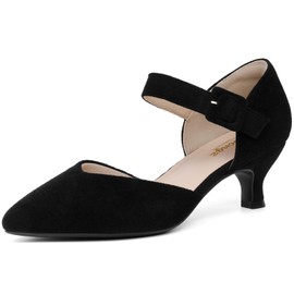 RIBONGZ Black Comfortable Kitten Heels Suede Prom Low Heels for Women Closed Pointed Toe Slip on Ankle Strap Buckle Pumps Church Wedding Bridal Party Dressy Shoes 8