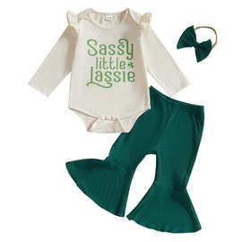 Karuedoo Newborn Baby Girl St Patricks Day Outfit Letter Print Long Sleeve Romper Ribbed Knit Flared Pants Headband 3Pcs Set (Apricot Green, 0-3 Months)