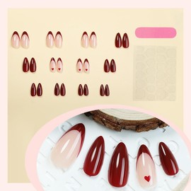 24Pcs Valentine French Tip Press on Nails Medium Almond False Nails Cute Heart Stick on Nails Glossy Wine Red Fake Nails Acrylic Artificial Nails Valentines Manicure Decoration for Women