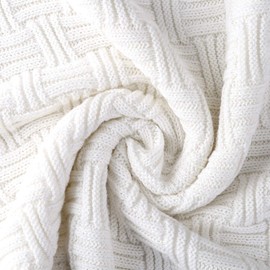 Longhui bedding Pure White Cotton Cable Knit Throw Blanket for Couch Chair Sofa,Soft Cozy Home Decorative Blankets for All Seasons, 50 x 60 Inch Gift a Washing Bag,2.2 pounds Silk Bow Tie Package