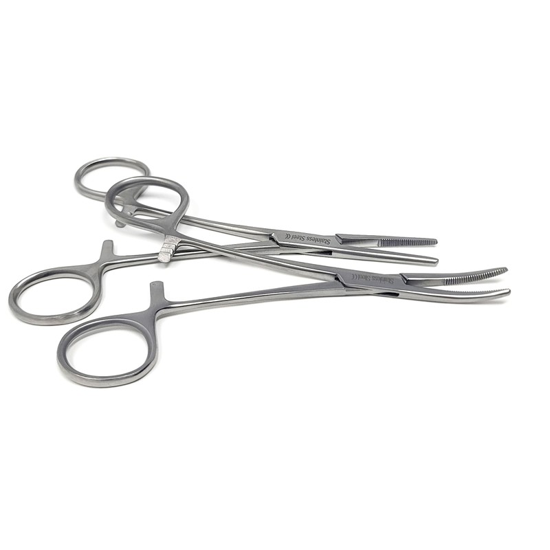 Set of 2 Curved + Straight Kelly Hemostat Forceps with