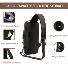 Men Crossbody Sling Bag Multipurpose Daypack with USB Lightweight Casual Shoulder Chest Bag Backpack For Hiking Travel Gray Gold