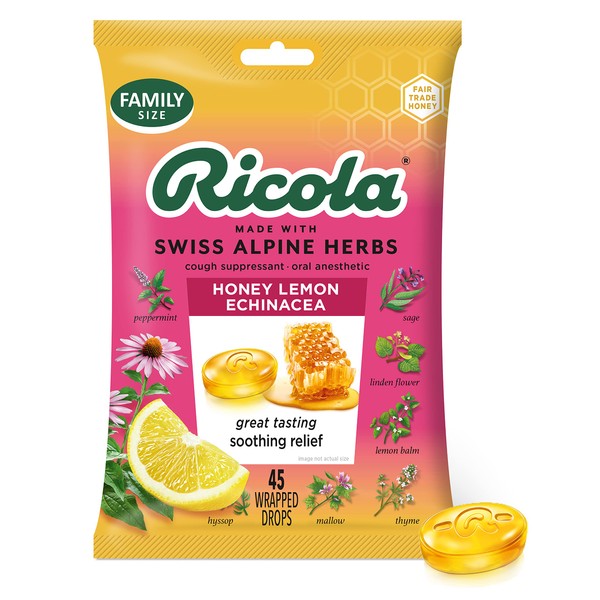 Ricola Honey Lemon with Echinacea Herbal Cough Suppressant Throat Drops, 45ct Bag