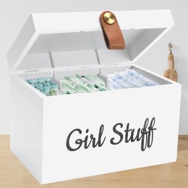 Wooden Girl Stuff Tampon Holder Box with Lid and Copper Leather Pull, Modern Bathroom Decorative Box for Feminine Product Storage and Accessories such as Tampons, Cotton Balls, Wipes, Gifts for Women