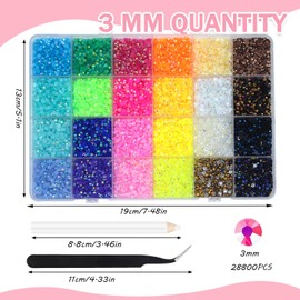 28800 Pieces Rhinestones for Nails, 24 Colour Rhinestones for Nails, 3 mm Nail Art Rhinestones, Flatback Gemstones, Round with Tweezers and Dotting Pen for DIY Crafts Nails Clothing