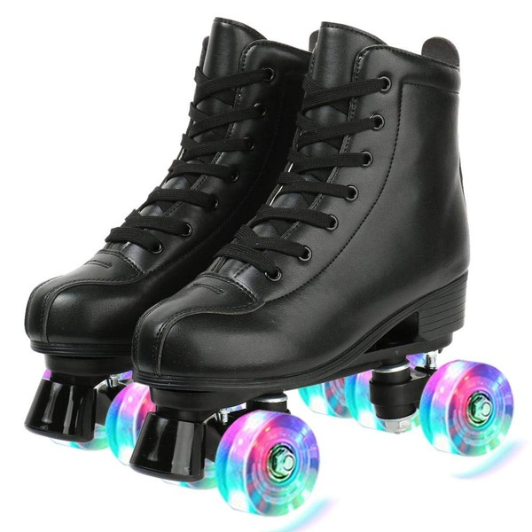 Womens Roller Skates Light Up Wheels, Artificial Leather Adjustable Double Row 4 Wheels Roller Skates Shiny Skates for Teens,Adult (Flash Wheel,41-US: 9)