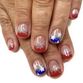 24 Pcs 4th of July Press On Nails Short Square Independence Day Fake Nails Press ons MINGCHUN Nail Art Tips Acrylic Nail Kit Glue on Nails Full Cover False Nails Red Glitter French Design for Women