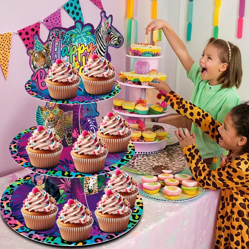 KARAQY Rainbow Neon Leopard Cupcake Stand,Cheetah Birthday Party Decorations 3
