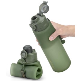 TakeToday Collapsible 32oz Silicone Water Bottles, Foldable Travel Bottle with Strap, BPA Free, Leakproof for Hiking, International Travel, Outdoors(Green)