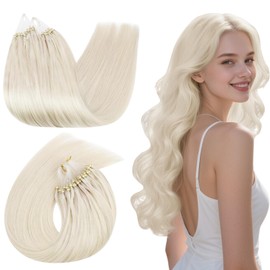 Ugeat Micro Ring Hair Extensions Real Human Hair for Women Blonde Hair Extensions Micro Loop for Thin 18 Inch No Glue Needed 50G/50S Platinum Blonde #60A