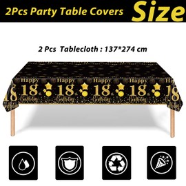 2Pcs Black Gold Happy 18th Birthday Party Table Cloth,137*274cm Plastic Table Decorations for Boys & Girls, Disposable Tablecover for Him & Her Birthday Gifts Party