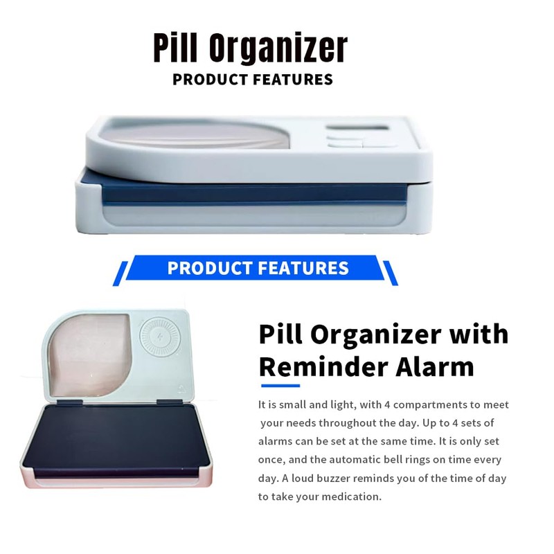 Pill Reminder，Pill Dispenser with Alarm，Equipped with Magnifying Glass，4 Reminder Alarms,