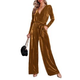 MASCOMODA 2024 Velvet Long Sleeve Wide Leg Jumpsuits for Women Dressy V Neck Belted Romper One Piece Fall Outfits with Pocket (Brown, X-Large)