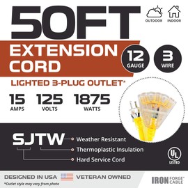 Iron Forge Cable 50 Foot Lighted Outdoor Extension Cord with 3 Electrical Power Outlets - 12/3 SJTW Heavy Duty Yellow Extension Cable with 3 Prong Grounded Plug for Safety, 15 AMP