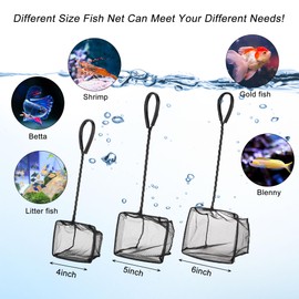 Lpraer 4in 5in 6in Aquarium Fish Net Green Fine Mesh Nylon Net Collection with 11" Long Handle Square Quick Catch Fish Net for Fish Tank (6PCS (4+5+6 in) Black)