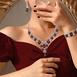 Clearine Women's Wedding Bridal Austrian Crystal Teardrop Flower Cluster Statement Necklace Earrings and Bracelet Jewellery Set for Prom, Crystal, No Gemstone