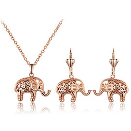 Barzel 18K Rose Gold Plated Filigree Cutout Drop Elephant Earrings and Necklace Jewelry Set (Rose Gold)