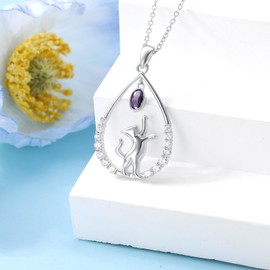 Reaii Cute Cat Necklace 925 Sterling Silver Amethyst Cat Necklace Natural Amethyst Pendant Jewelry Gift for Women Cat Lovers