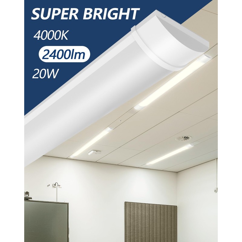 Sararoom 2ft LED Shop Fixture, 20W Tube, 2400lm, 4000K Neutral