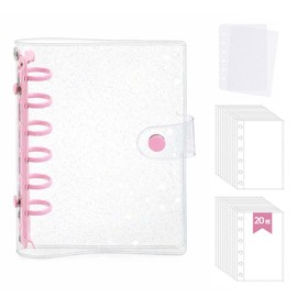 zenoco Sealing Book, Transparent Binder for Girls, A7, 6 Holes, Removable, Seal Storage, Thick, with Mat (20 Refills, Single Lock, Glitter, Pink)