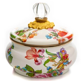 MACKENZIE-CHILDS Enamel Squashed Pot, Cute Enameled Container with Lid, 20 Ounces, White Flower Market