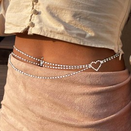 Carufin Layered Heart Waist Chain Crystal Body Chain Belly Chains Belt Summer Beach Costume Jewelry Adjustable for Women Girls