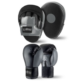 Lions Injection Boxing Set For Kids Ages 6-11 (6oz Boxing Gloves and Mesh 'Hook & Jab' Focus Pads) (Grey)