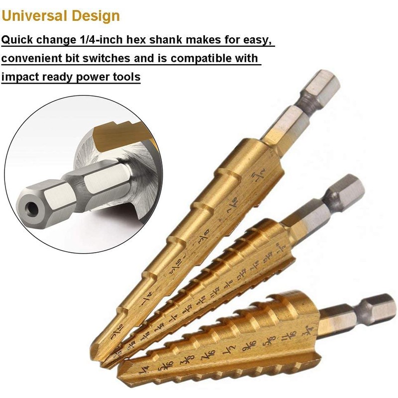 Bestgle 3 Pcs Step Drill Bits 1/4" Hex Shank SAE