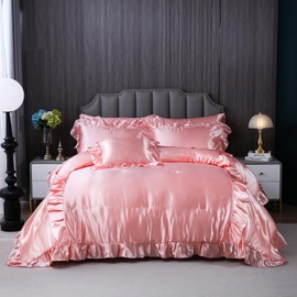 Herside Satin Comforter Set with Sheet Set King Size,8 Pieces Pink Ruffle Comforter Silk Like Satin Bedding Set,Soft Smooth Luxury Silky Quilt Set with 1 Cushion Cover All Season