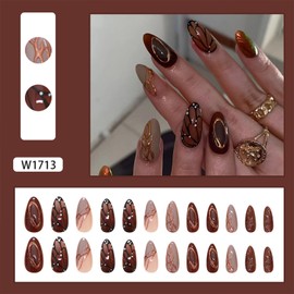 Brown Press on Nails Medium Almond Fake Nails with Butterfly Stripes Designs Reusable 24 Pcs No Glue Press on False Nail for Women WYFHDT