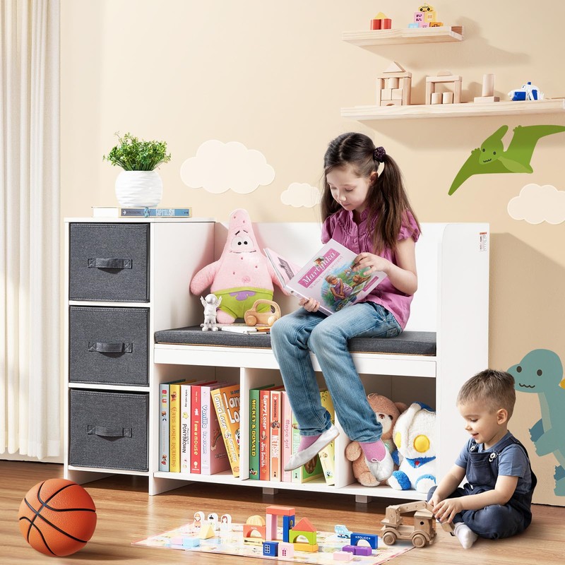 VEVOR Kids Reading Nook Bench, Toddler Bookshelf and Bookcase with