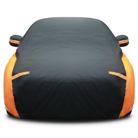 Riakrum Full Car Cover Waterproof All Weather for Automobiles Windproof Cover Rain UV Protection Sun Scratch Resistant Outdoor Universal(Fit Sedan Length (185-193'') 70'' H,Black, Orange)