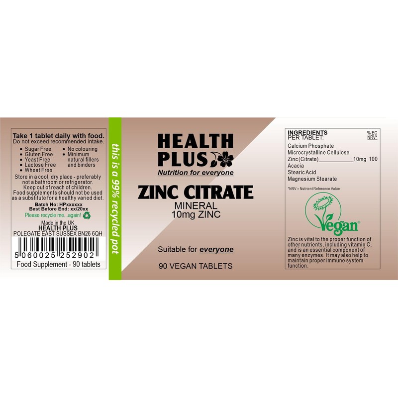 Health Plus Zinc Citrate 10mg : Mineral supplement : 90