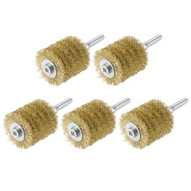 sourcing map Wire Wheel Brush, 1.57" x 1.61" Stainless Steel Brass Plated Coarse Crimped Wire 0.012" with 1/4" (6mm) Round Shank for Cleaning Rust Stripping Abrasive 5pcs