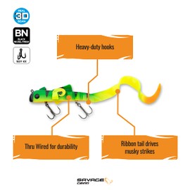 Savage Gear Alien EEL V2 Fishing Bait, 5 oz, Firetiger, Realistic Contours & Movement, Durable Construction, Steel Thru-Wire Design, Super Sharp Treble Hooks