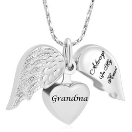 Imrsanl Cremation Jewelry for Ashes Heart Urn Necklace Pendants Ashes for Women Men Family Keepsake Memorial Angel Wing with Charm Heart for Loved Ones (Silver-Grandma)
