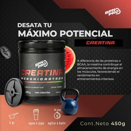 Creatina Monohidratada 100% Pura BPN PRO | Sabor Sandía | 450g para 90 Servicios | Pre Entreno sin Gluten ni Conservantes | Suplemento Deportivo para Energía y Rendimiento