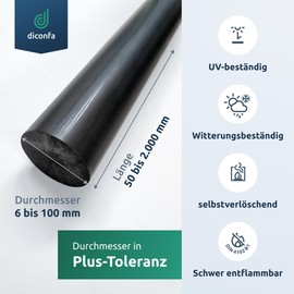 diconfa PVC round rod, black, to size, selection: diameter 15 x 650 mm, diameter: 6 to 100 mm, length: 100 to 1000 mm, deburred plastic rod, hard solid material, round pole, robust, durable