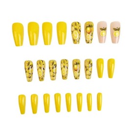 Summer Press on Nails Long Coffin Fake Nails Yellow Stick on Nails with Lemon designs Glossy Acrylic Nails Reusable Flower Press ones False Nails for Women Gel Glue on Nails 24pcs