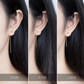 Threader Bead Tassel Drop Earrings for Women Girls S925 Sterling Silver 2mm Tiny Ball Long Chain Dangle Minimalism Ear Piercing Studs Jewelry Hypoallergenic Fashion Gifts Xmas Birthday (6.5mm, Gold)