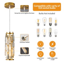 LMQNINE Pendant Lighting Modern Pendant Light, Mini Crystal Chandeliers,Adjustable Pendant Light Fixture for Kitchen Island Dinning Room Bedroom (Gold, 1-Light)