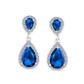 Royal Blue Teardrop CZ Clip On Dangle Pear Shape Drop Earring Simulated Sapphire Cubic Zirconia Rhodium Plated Brass