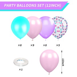 Pink Purple Blue Balloons, 12 Inch Color Pink Teal Purple Balloons Confetti Latex Balloons for Mermaid Themed Gaby Doll house Party Birthday Decorations