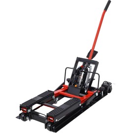 SPOFLYINN Hydraulic Motorcycle Scissor Lift Jack 1500 LBS Capacity Foot-Operated Lift Table Stand with 4 Wheels for Motorcycle ATV UTV Powersports Black+Red