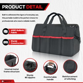 WETT Heavy Duty Tool Bag, 14-Inch 17-Pocket Portable Brown Tool Organizer Storage Bag with Large Zipper for Men, Carrying Toolbag, Electrician Mechanic Construction