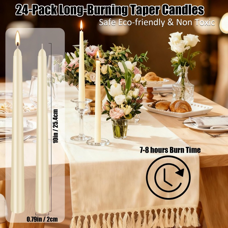 Ivory Taper Candles, 24 Pack 10 Inch Bulk Unscented 7-8