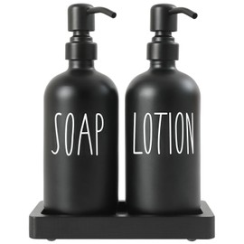 Prus Waso Black Soap Dispenser for Bathroom, Glass Soap Dispenser Bathroom with Stainless Steel Pump & Black Tray, Perfect for Bathroom Accessories Decor. (Black)